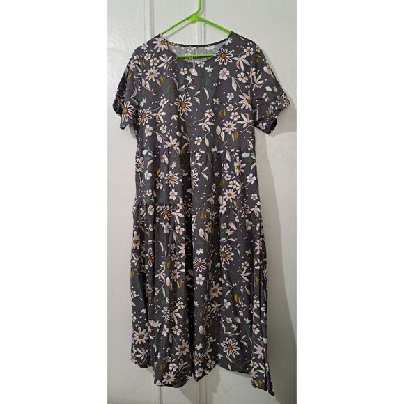 Womens XL  tiered Prairie Ditsy Floral Gray dress Pockets Boho Peasant Coastal - Picture 1 of 8